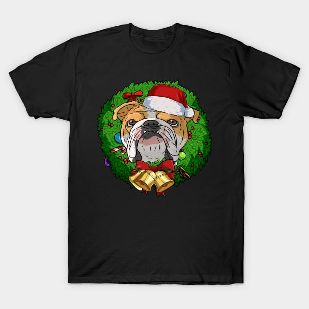 Funny English Bulldog Santa Christmas Wreath T-Shirt by Noseking